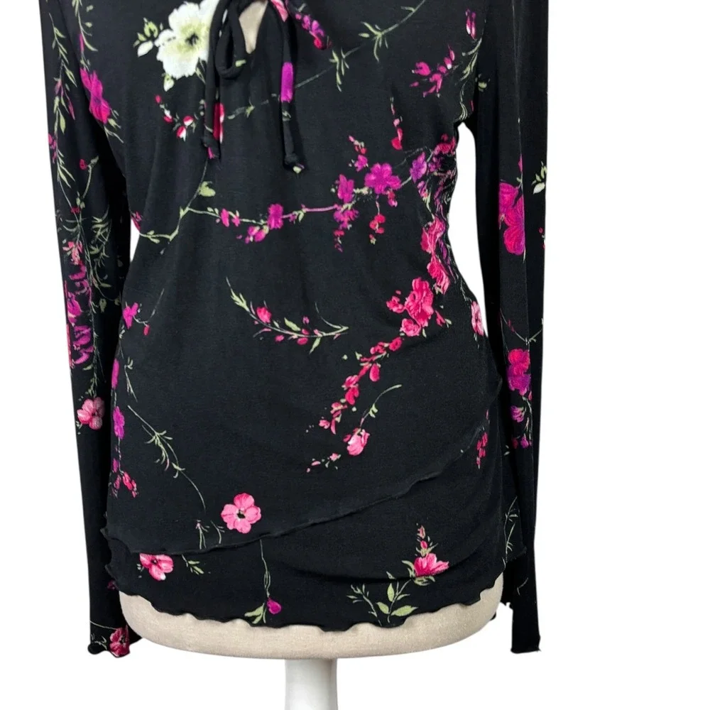 Vtg Black Floral Long Sleeve Top V-Neck Tie Front Lettuce Edge Sz 12 Y2K Goth - Picture 2 of 6